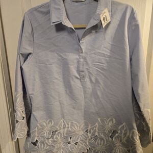 Anne Fontaine Striped Blue Blouse with White Floral Accents